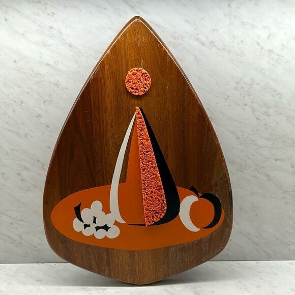 Rare Find Mid-Century Atomic Walnut Orange Popcorn Wall Hanging Plaque 17” - Picture 1 of 7